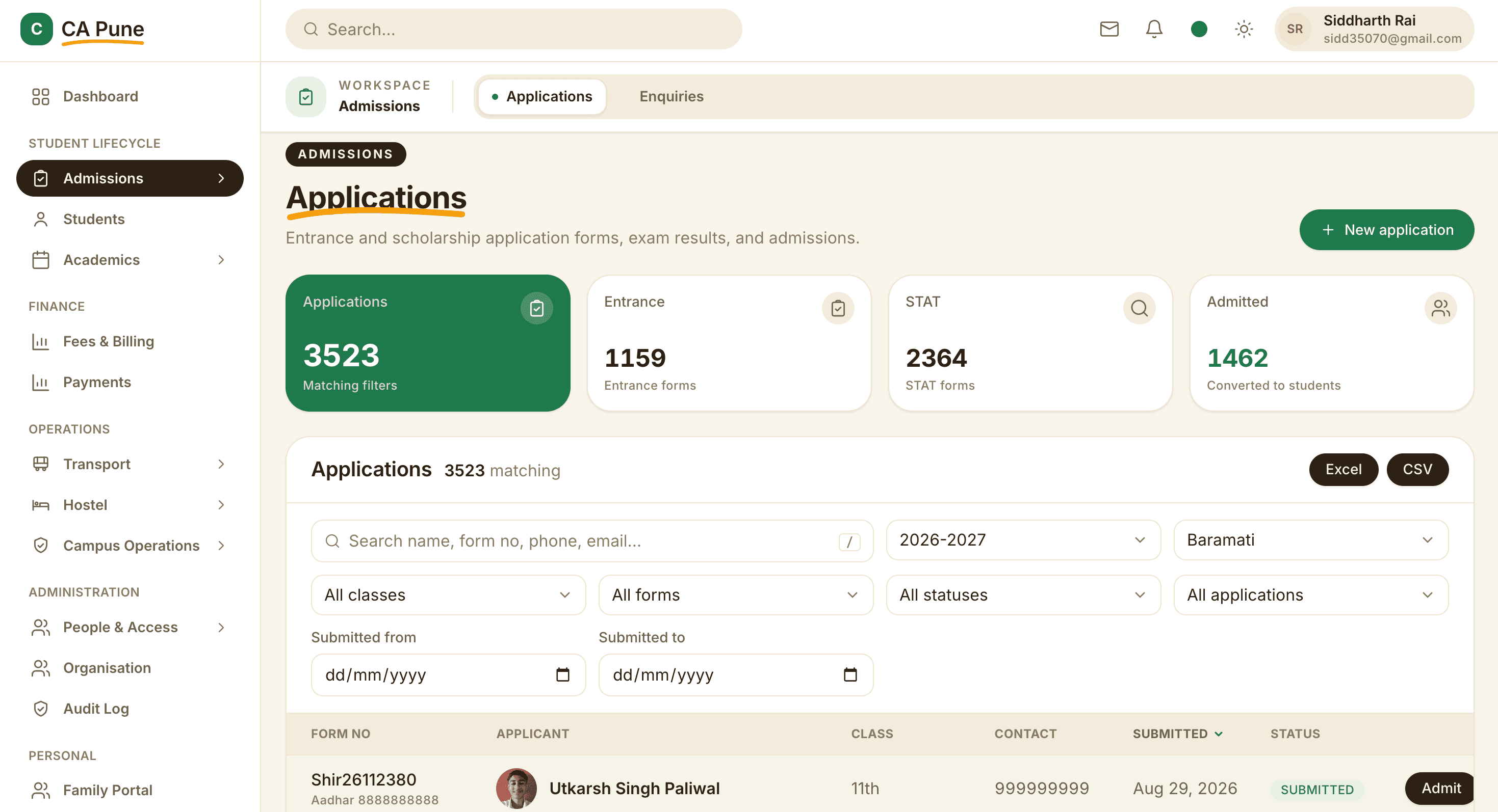 The admissions application register, with counts for applications, entrance forms, scholarship forms and students admitted, above a filterable list