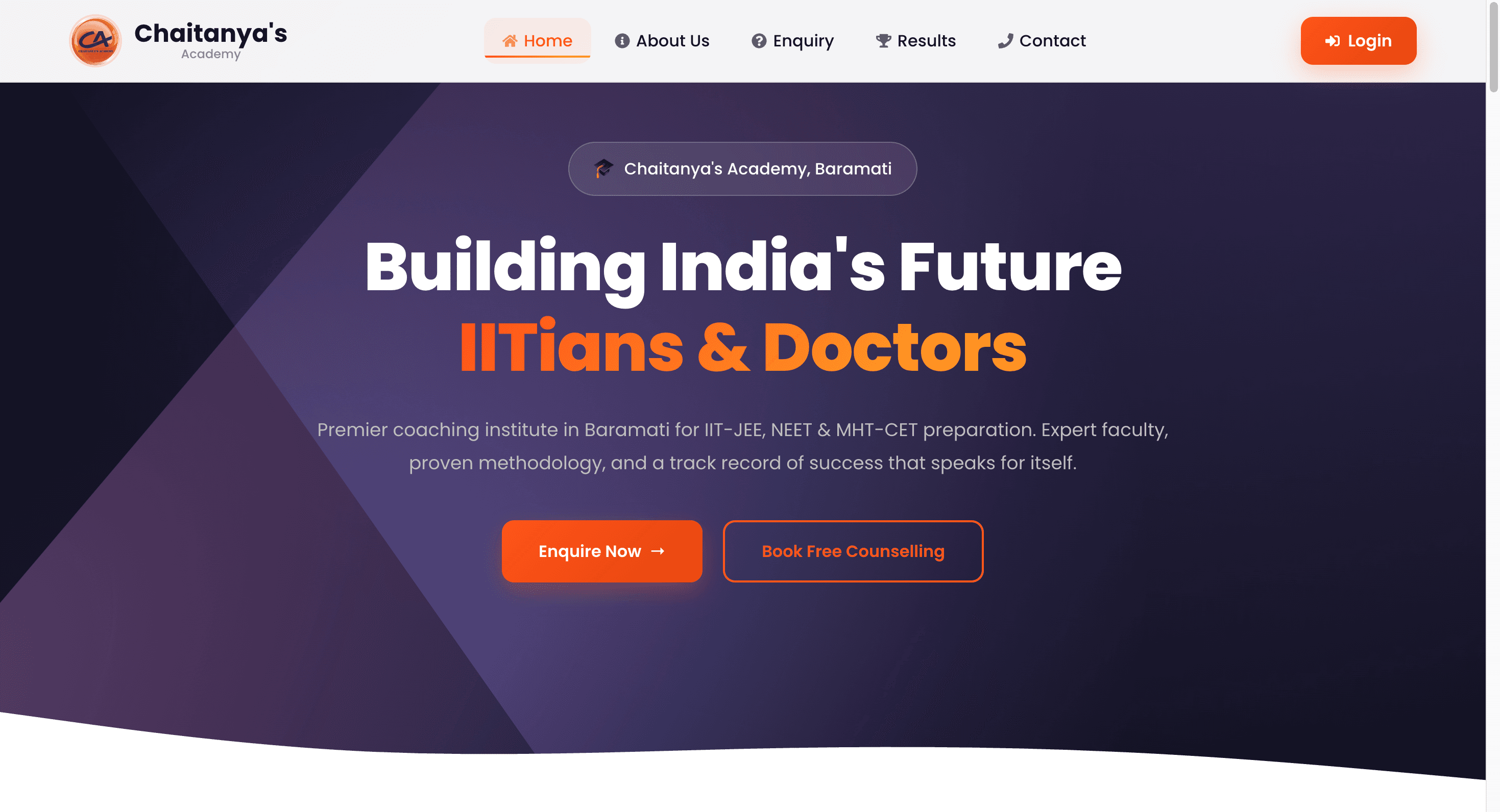 Chaitanya's Academy public website home page with enquiry and counselling buttons